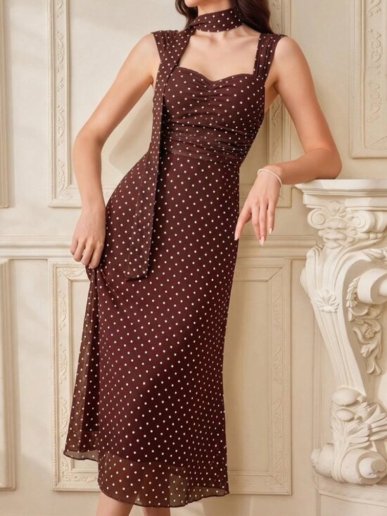 Dresses & Skirts - Brown Polka Dot Midi Dress with Attached Scarf Tie